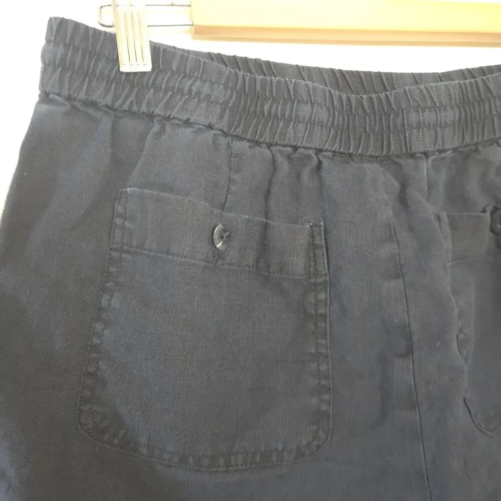 Talbots Navy Blue 100% Linen Drawstring Elastic Waist Shorts Medium Petite